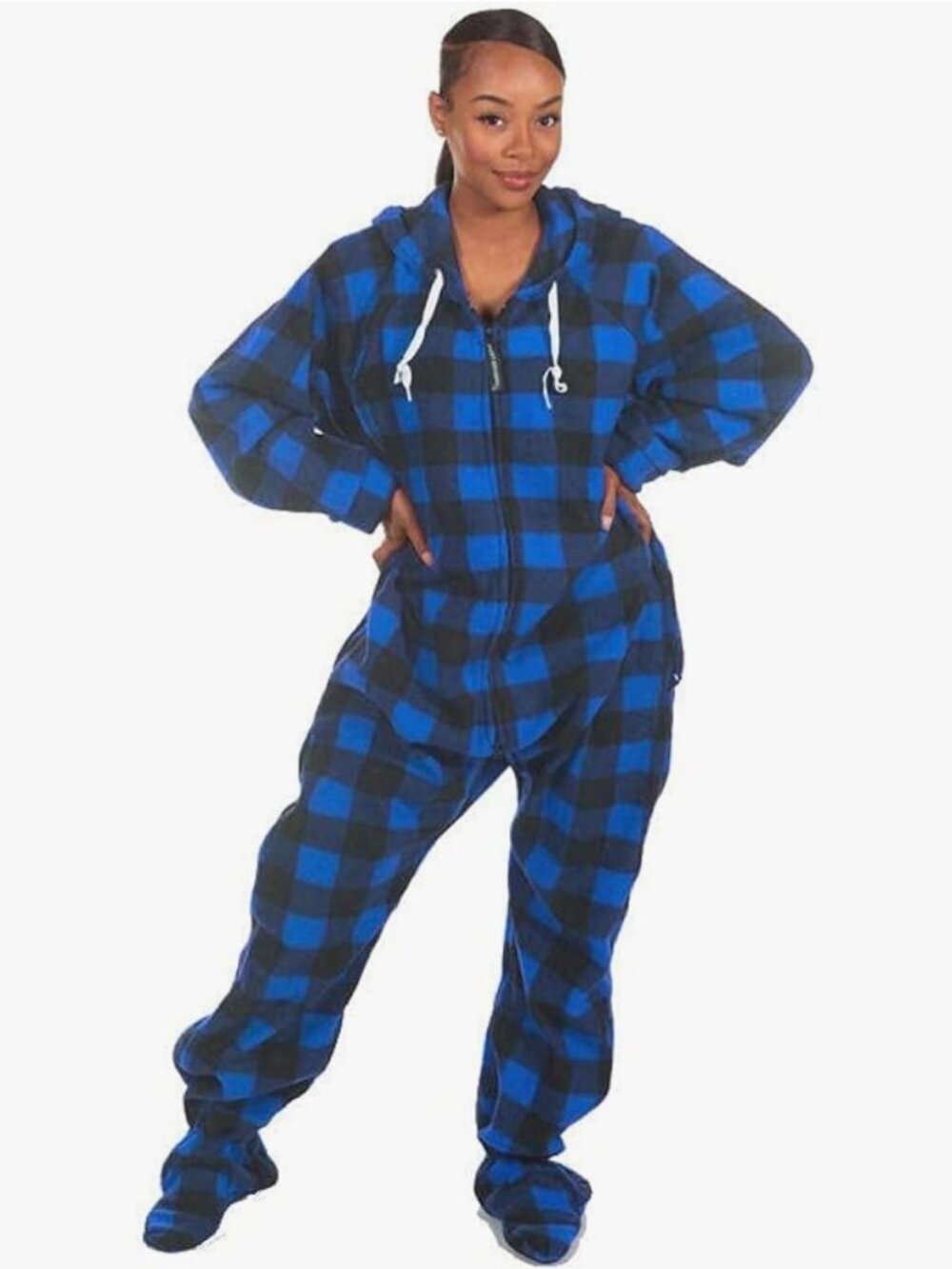 Forever Lazy Blue Plaid One Piece Pajams Jumpsuit unisex size Medium